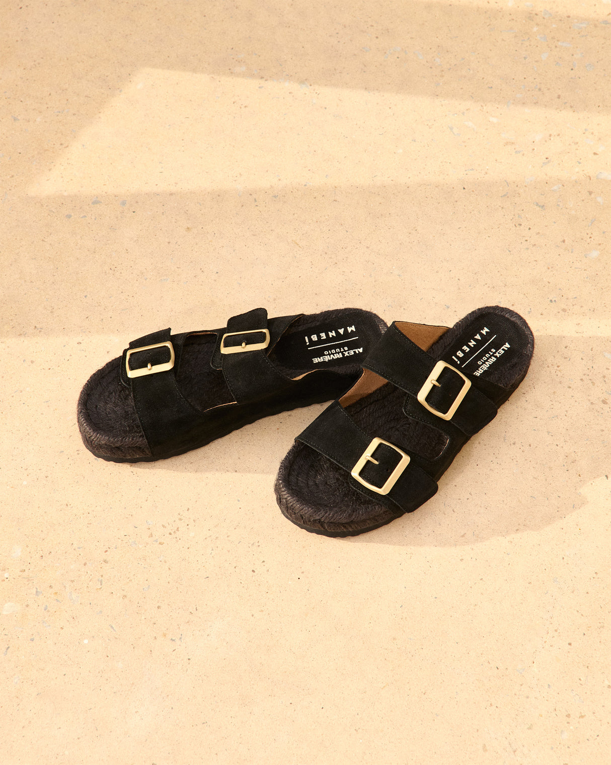 Suede Nordic Sandals - Black with Gold Buckles