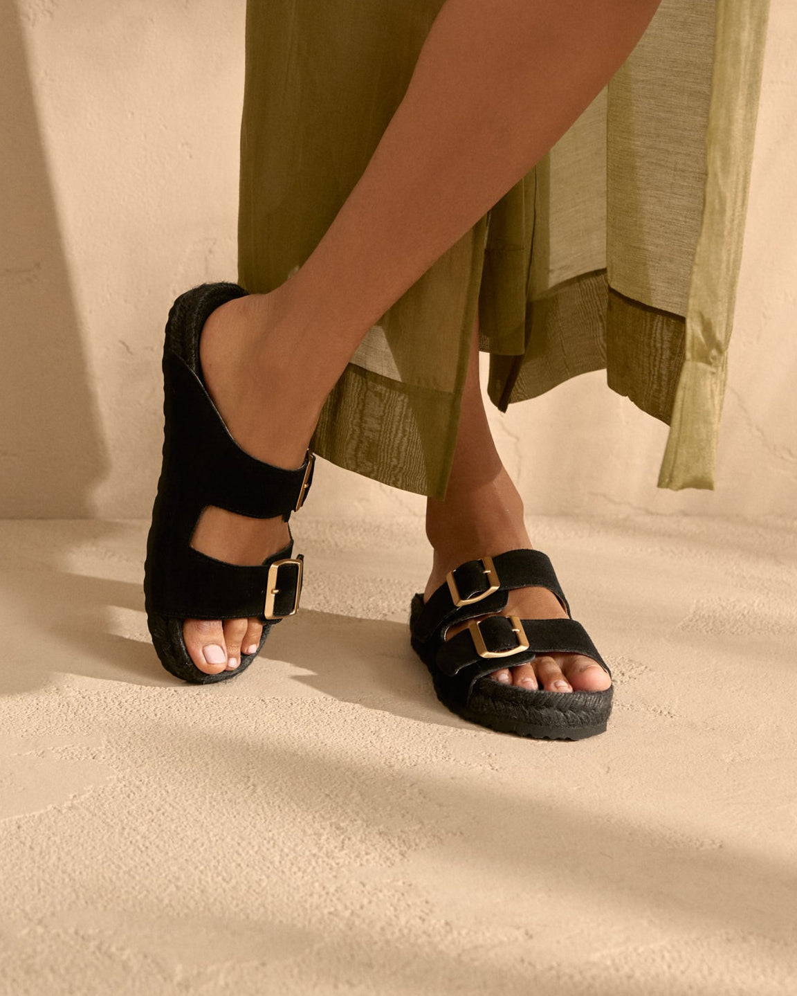 Suede Nordic Sandals - Black with Gold Buckles