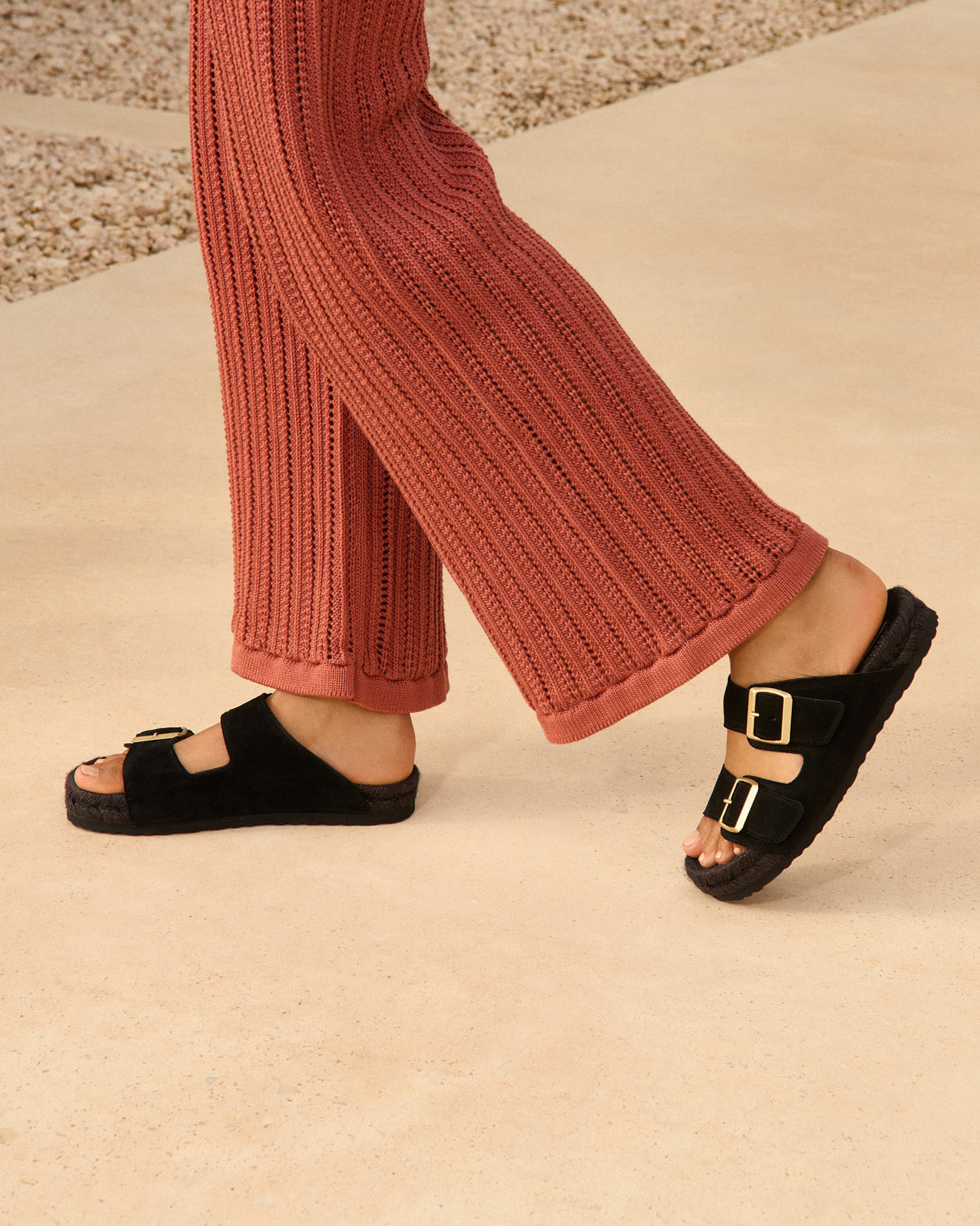 Suede Nordic Sandals - Black with Gold Buckles