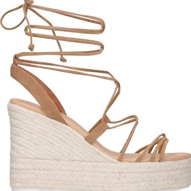 Soft Suede Wedge Espadrilles Lace-Up Champagne Beige