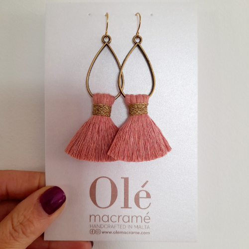 Drop cotton tassels blush pink & brass earrings