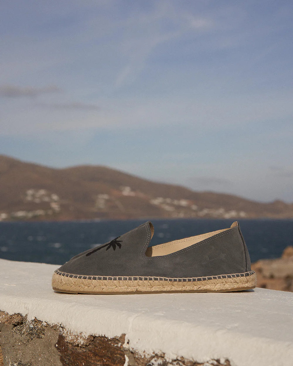 Suede Flat Espadrilles Carbon Grey & Black Palm