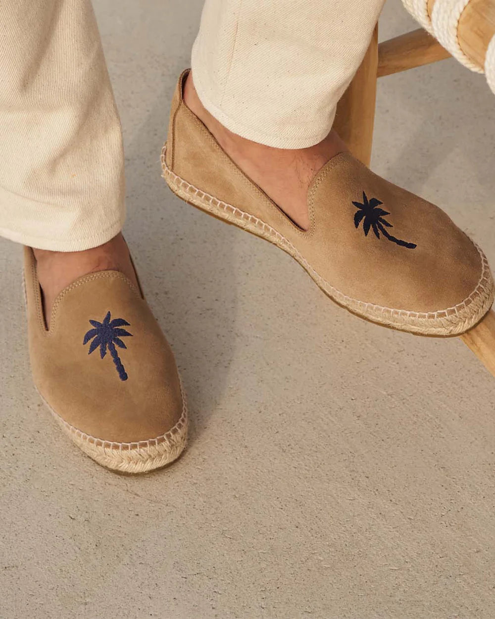 Suede Flat Espadrilles Washed Beige & Blue Palm